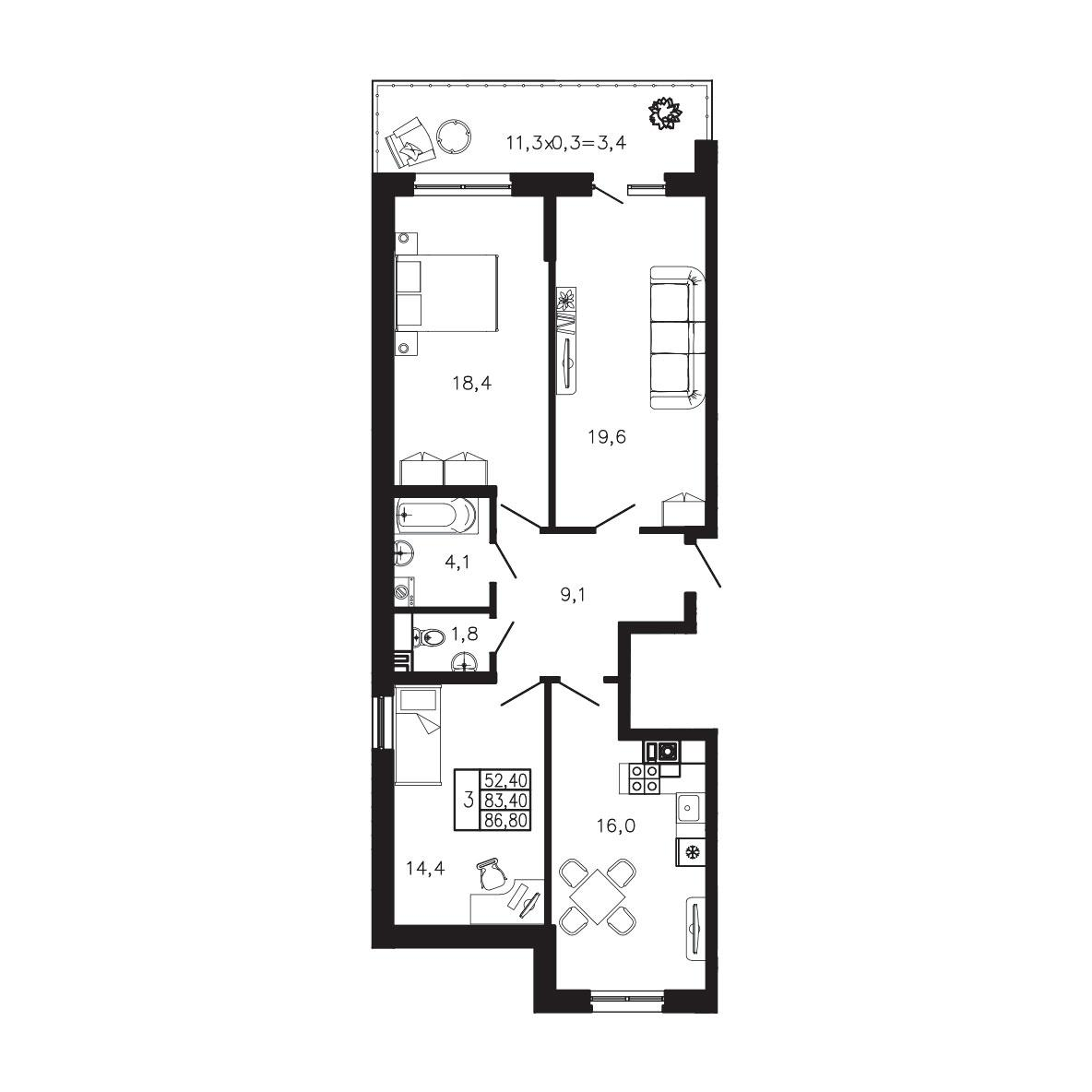 3-комнатная 86 м2 в ЖК Экосфера корпус null этаж 1
