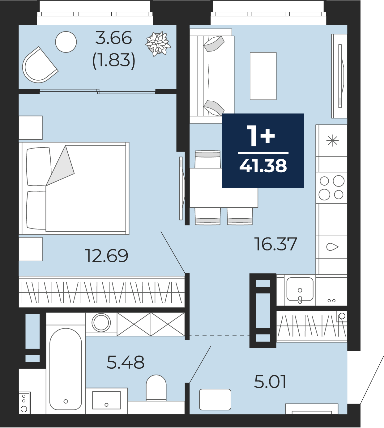 1-комнатная 39 м2 в ЖК Беринг корпус null этаж 7