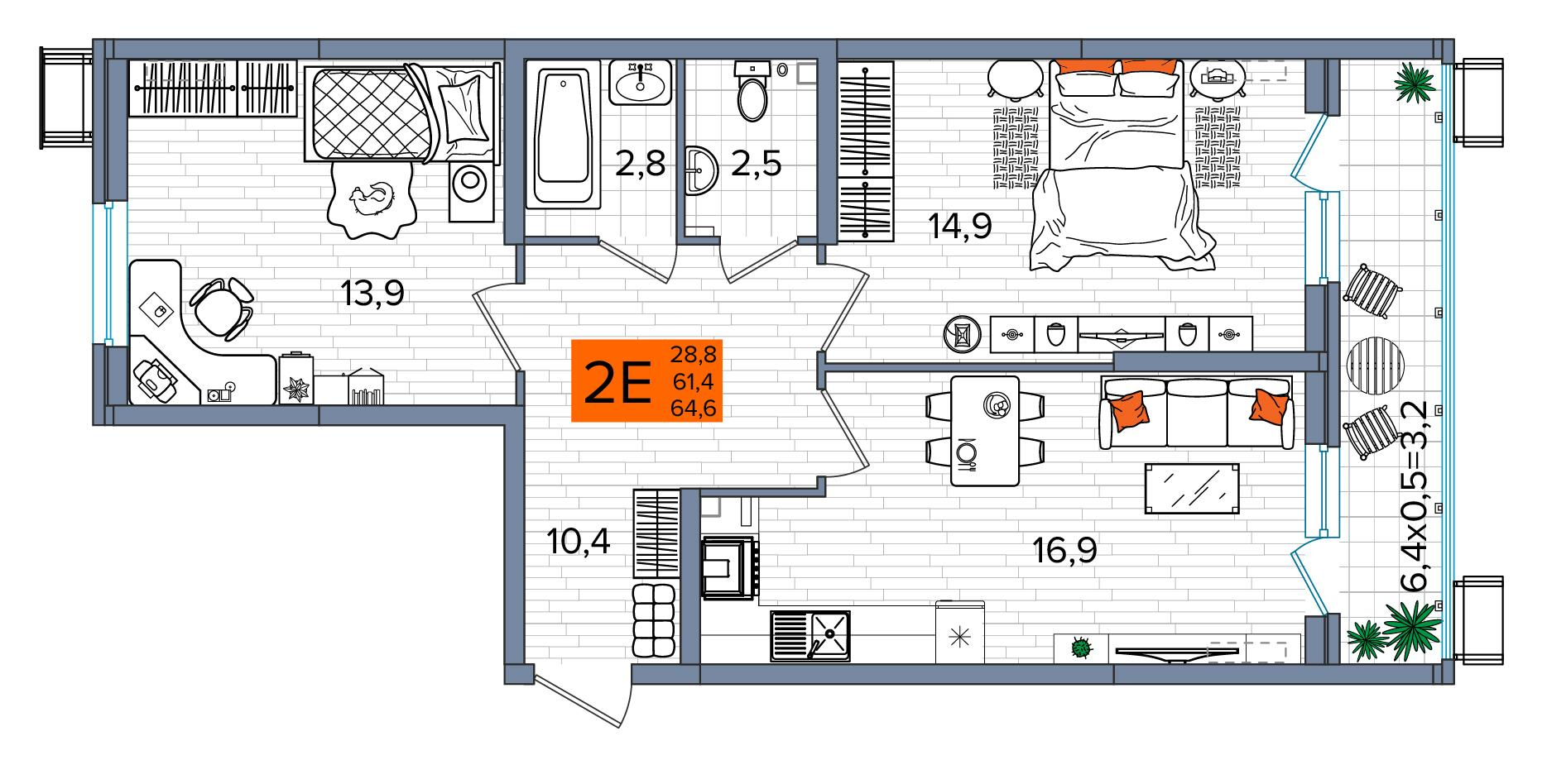2-комнатная 64 м2 в ЖК Сармат корпус null этаж 2