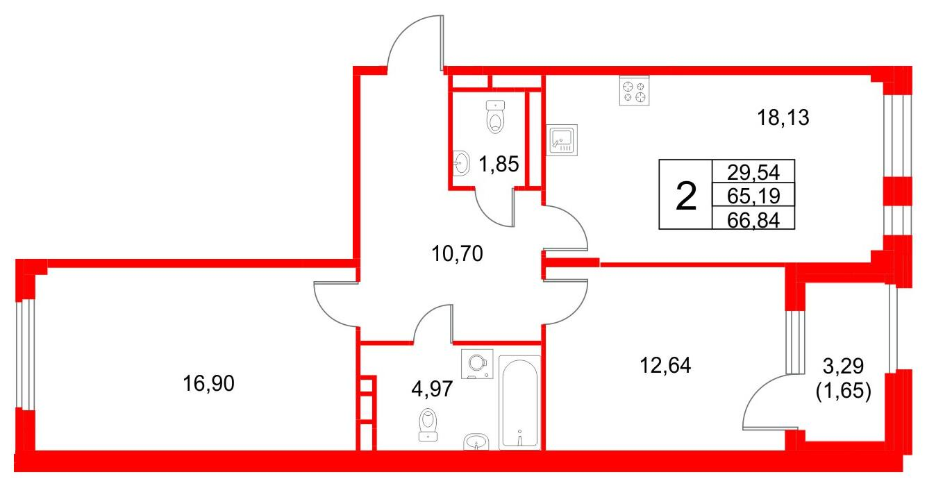 2-комнатная 66 м2 в ЖК Кронфорт. Центральный корпус null этаж 4