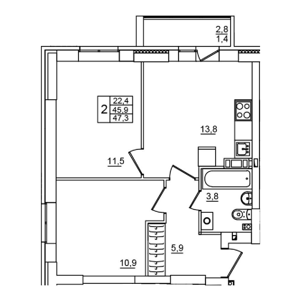 2-комнатная 47 м2 в ЖК Сталь корпус null этаж 8