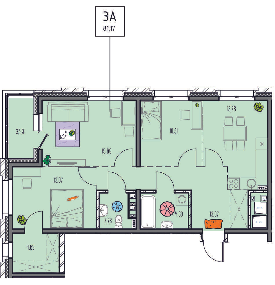 3-комнатная 81 м2 в ЖК Лотос корпус null этаж 8