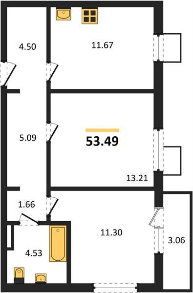 2-комнатная 55 м2 в ЖК undefined корпус null этаж 13