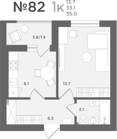 1-комнатная 33 м2 в ЖК МС18 корпус null этаж 5