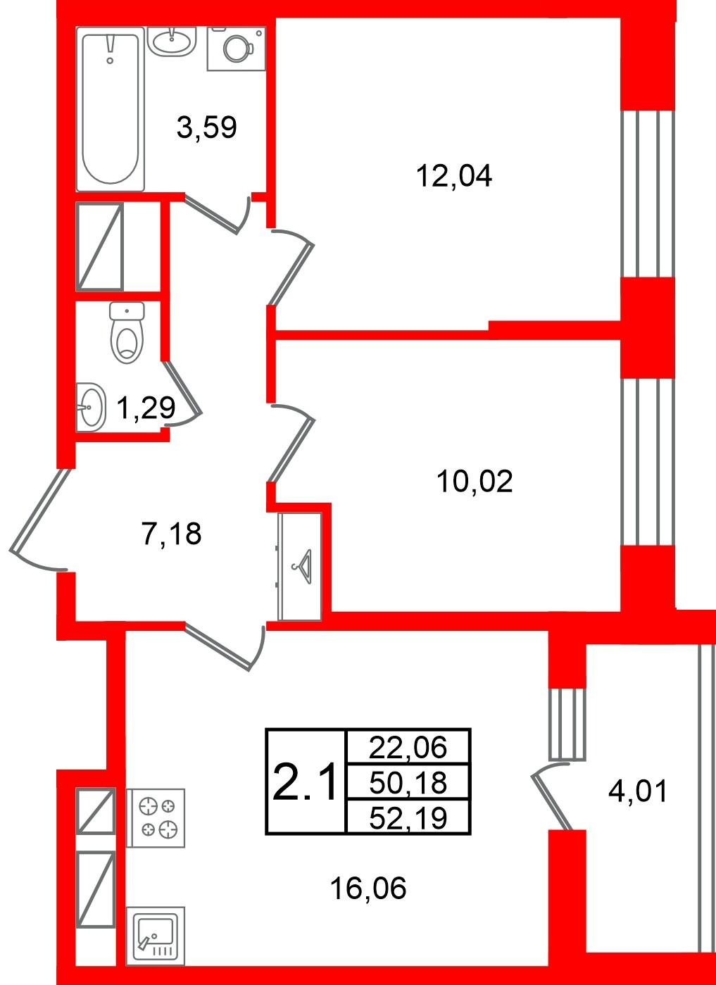 2-комнатная 50 м2 в ЖК Астра Континенталь корпус null этаж 11