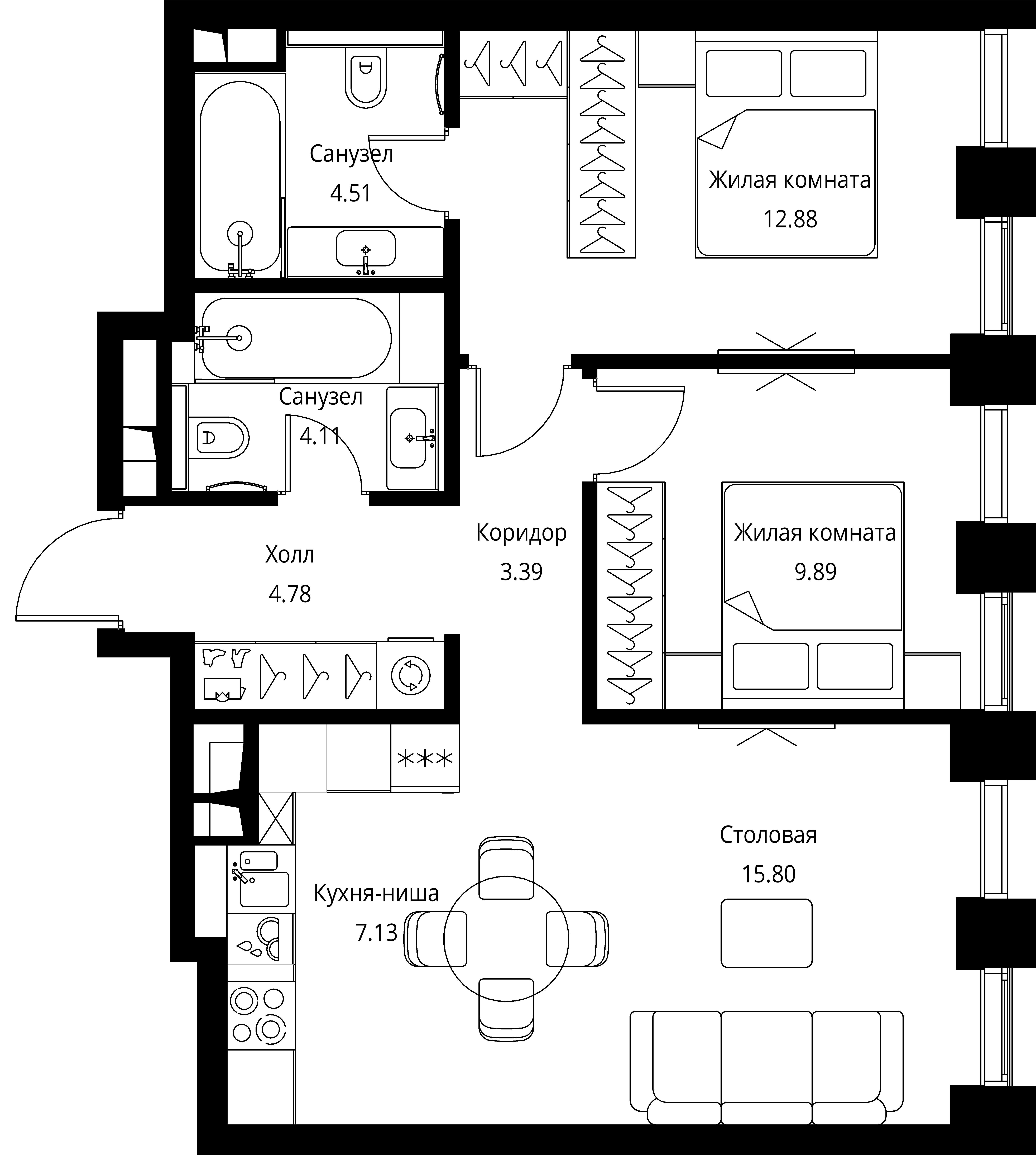 2-комнатная 62 м2 в ЖК CITY BAY корпус null этаж 10