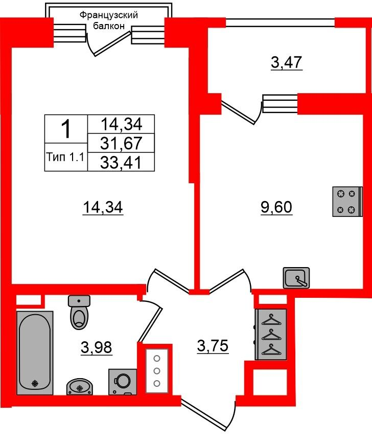 1-комнатная 31 м2 в ЖК Сэтл Ривьера корпус null этаж 6