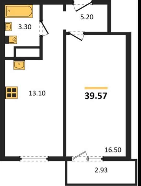 1-комнатная 39.6 м2 в ЖК undefined корпус null этаж 2