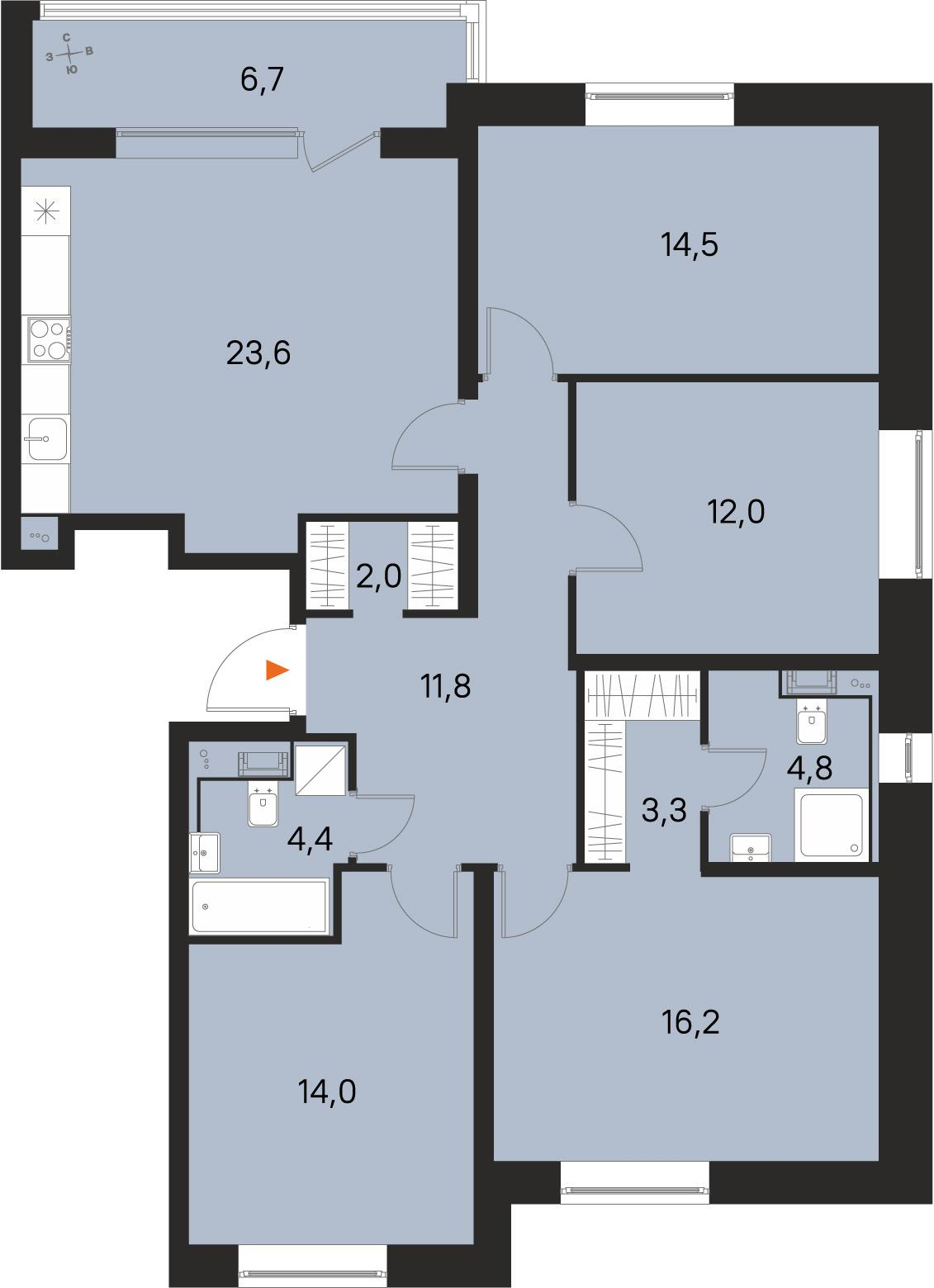 4-комнатная 109 м2 в ЖК М36 корпус null этаж 2