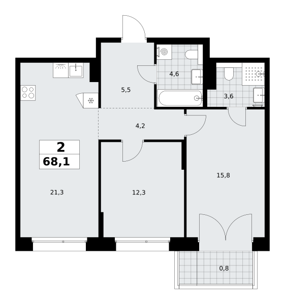 2-комнатная 68 м2 в ЖК Хольм корпус null этаж 9