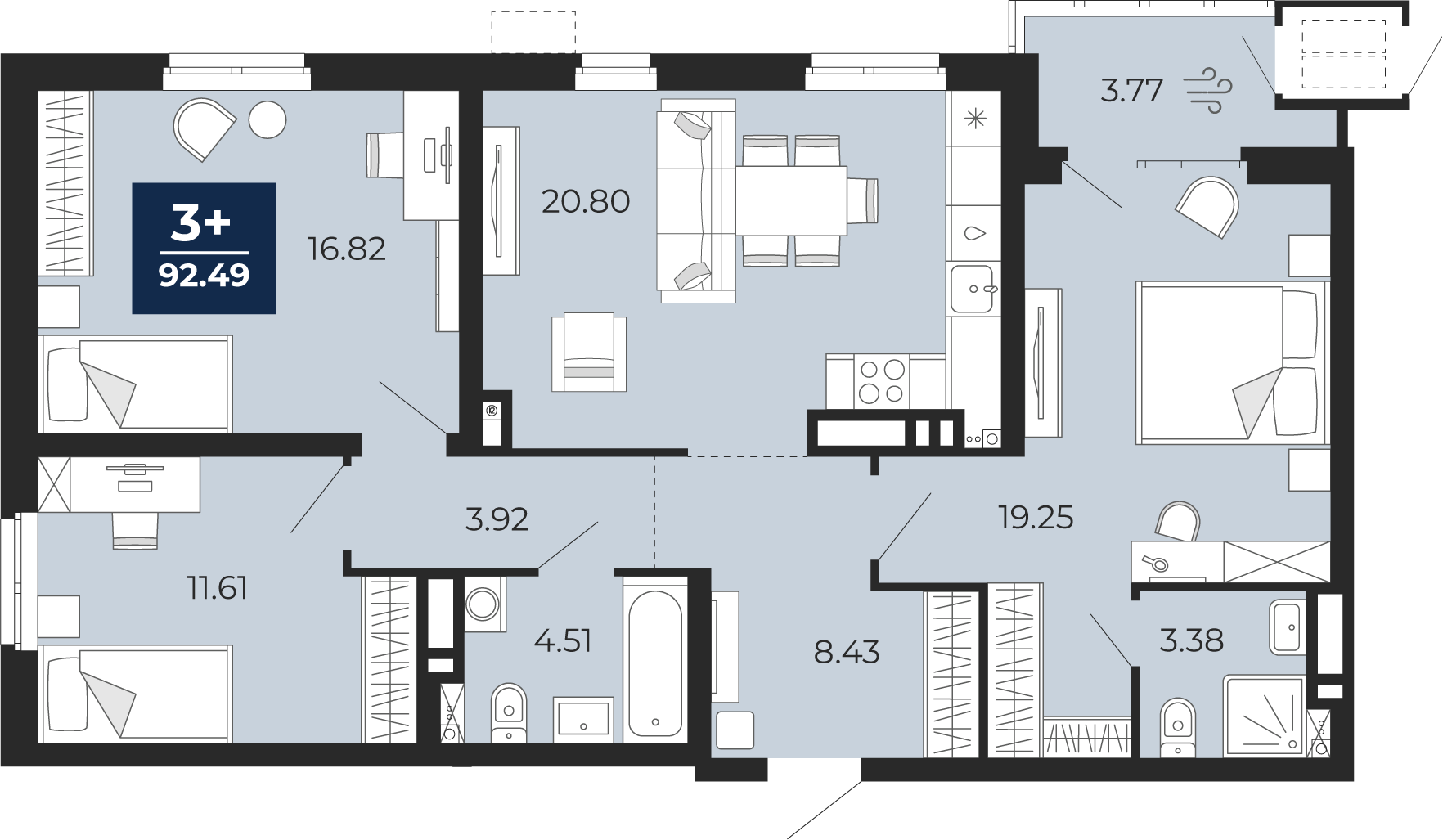 3-комнатная 88 м2 в ЖК Мириады корпус null этаж 5