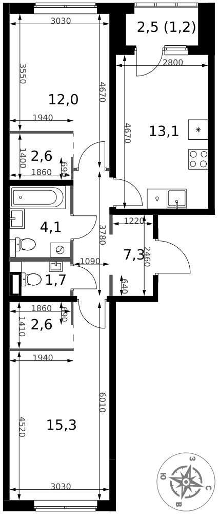 2-комнатная 59 м2 в ЖК 1-й Ясеневский корпус null этаж 2