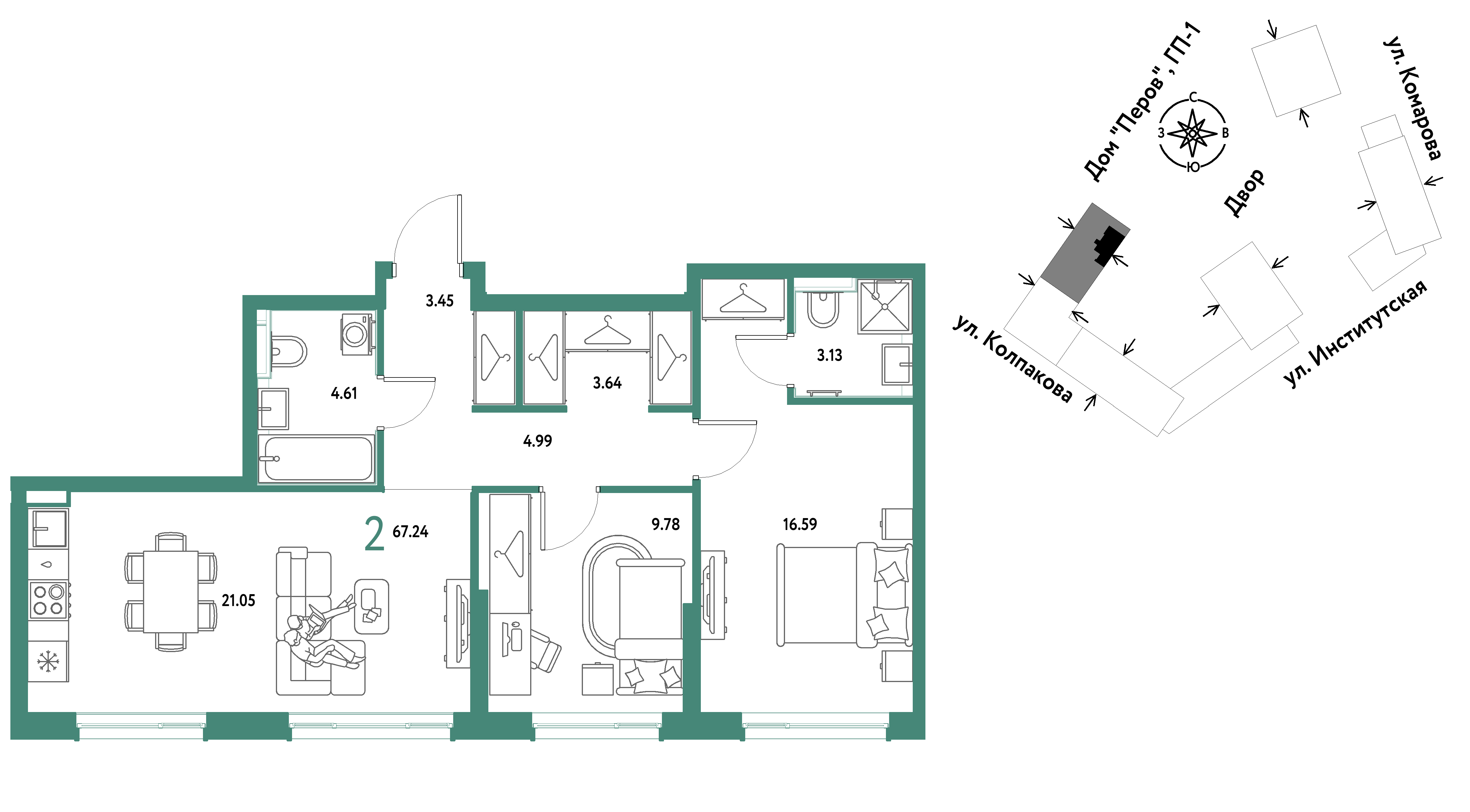 2-комнатная 67 м2 в ЖК Страна.Парковая корпус null этаж 10