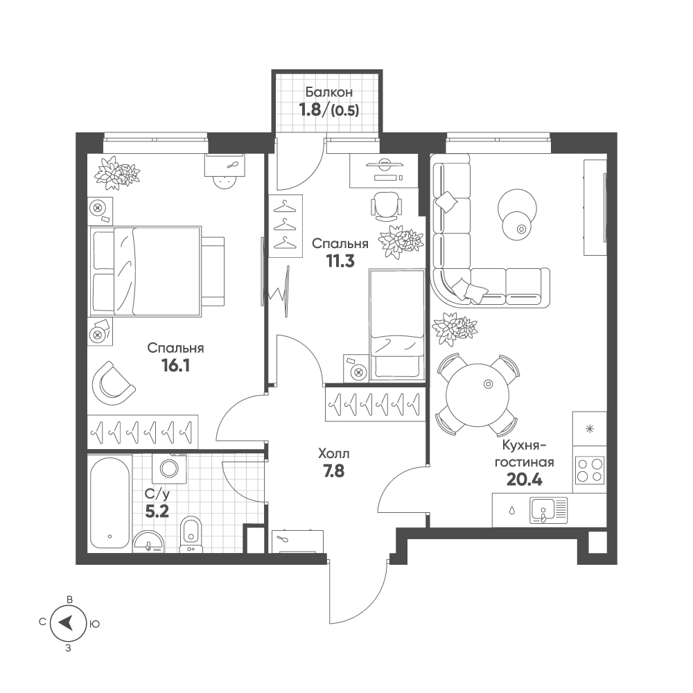 2-комнатная 61 м2 в ЖК Sokolinn Park корпус null этаж 5