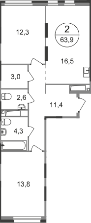 2-комнатная 63 м2 в ЖК Первый Московский корпус null этаж 8
