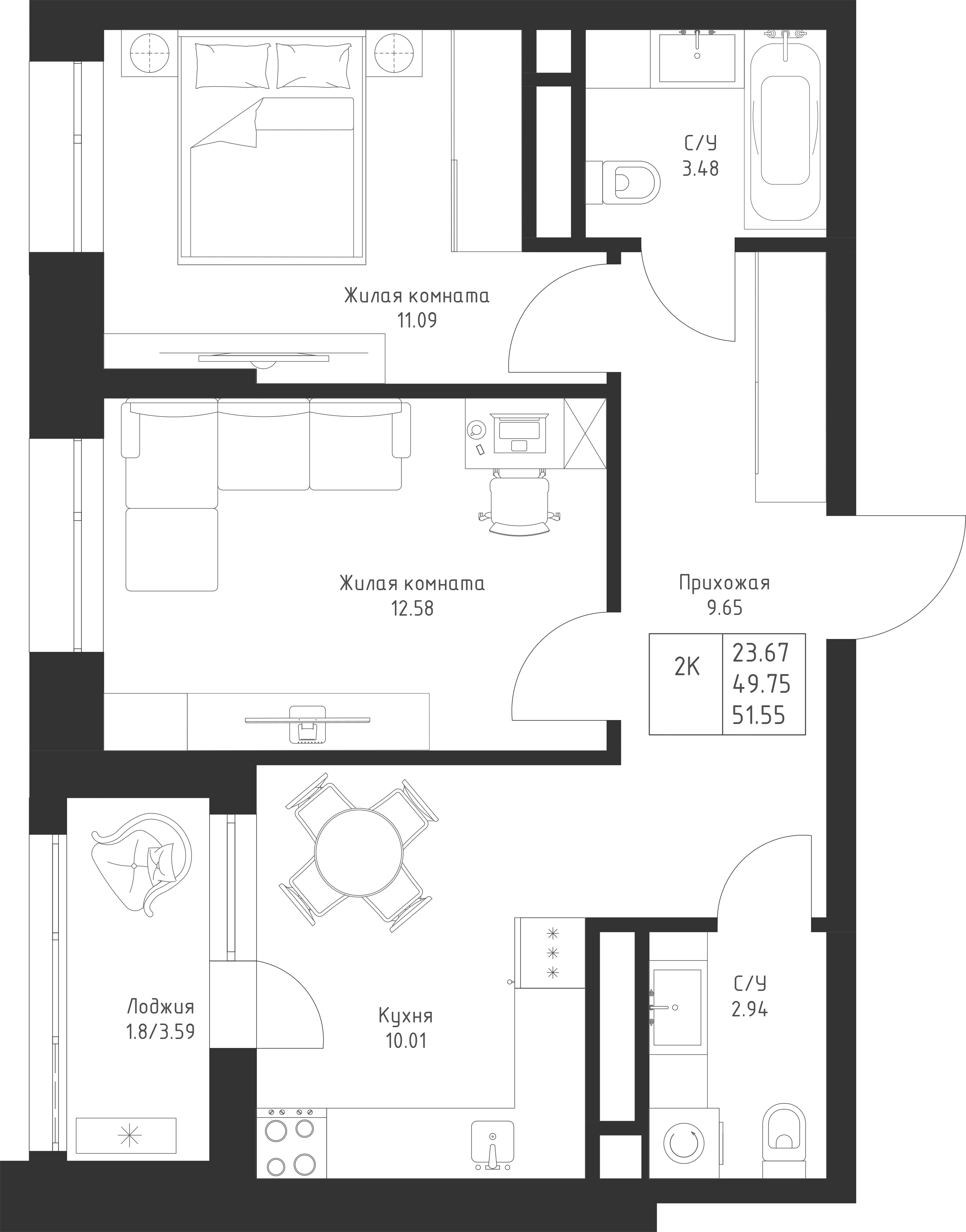 2-комнатная 51 м2 в ЖК Мой Ритм корпус null этаж 13