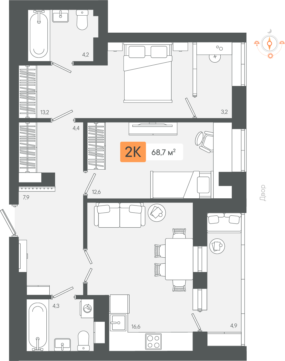 2-комнатная 68 м2 в ЖК Zori корпус null этаж 8