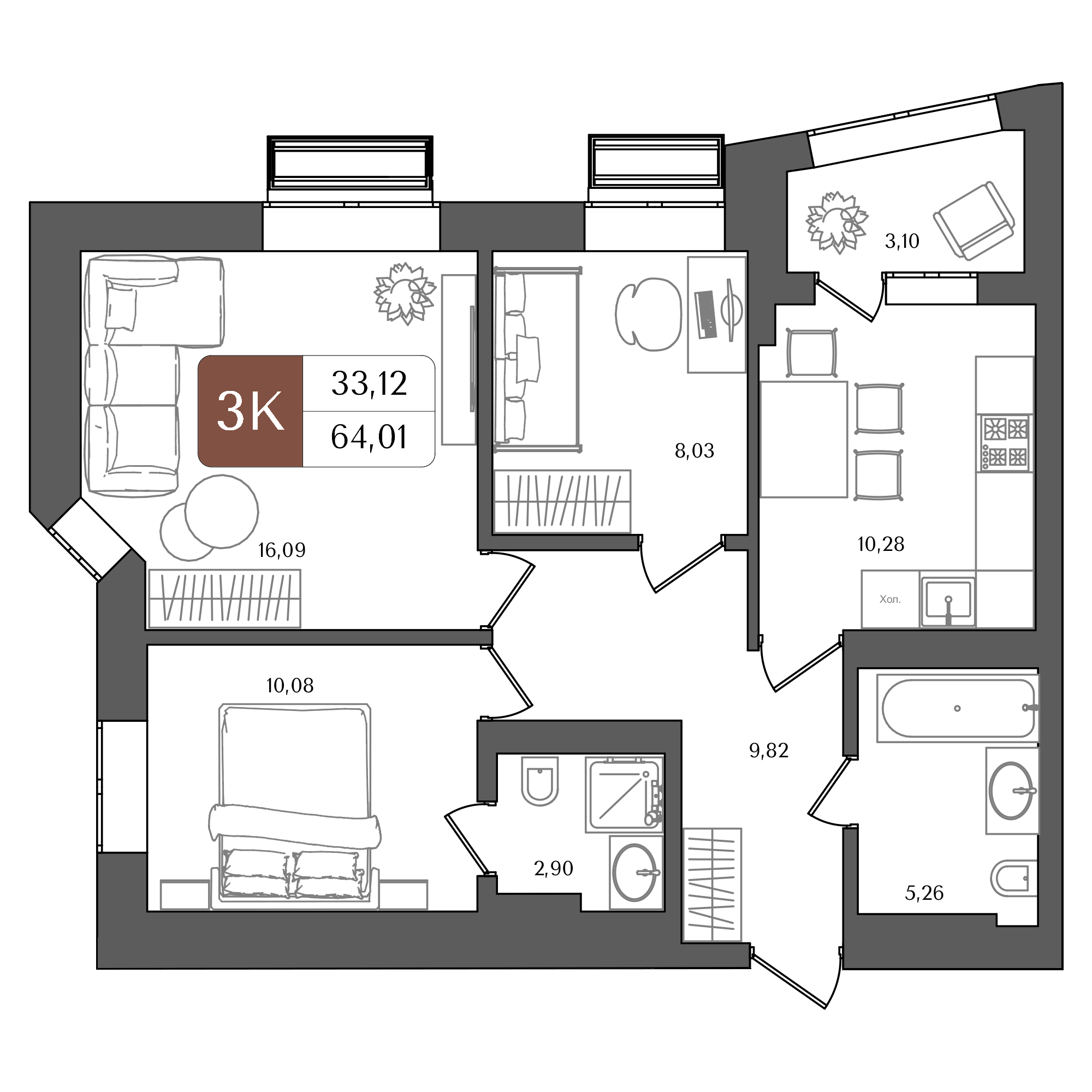 3-комнатная 64 м2 в ЖК Холмогоры корпус null этаж 8