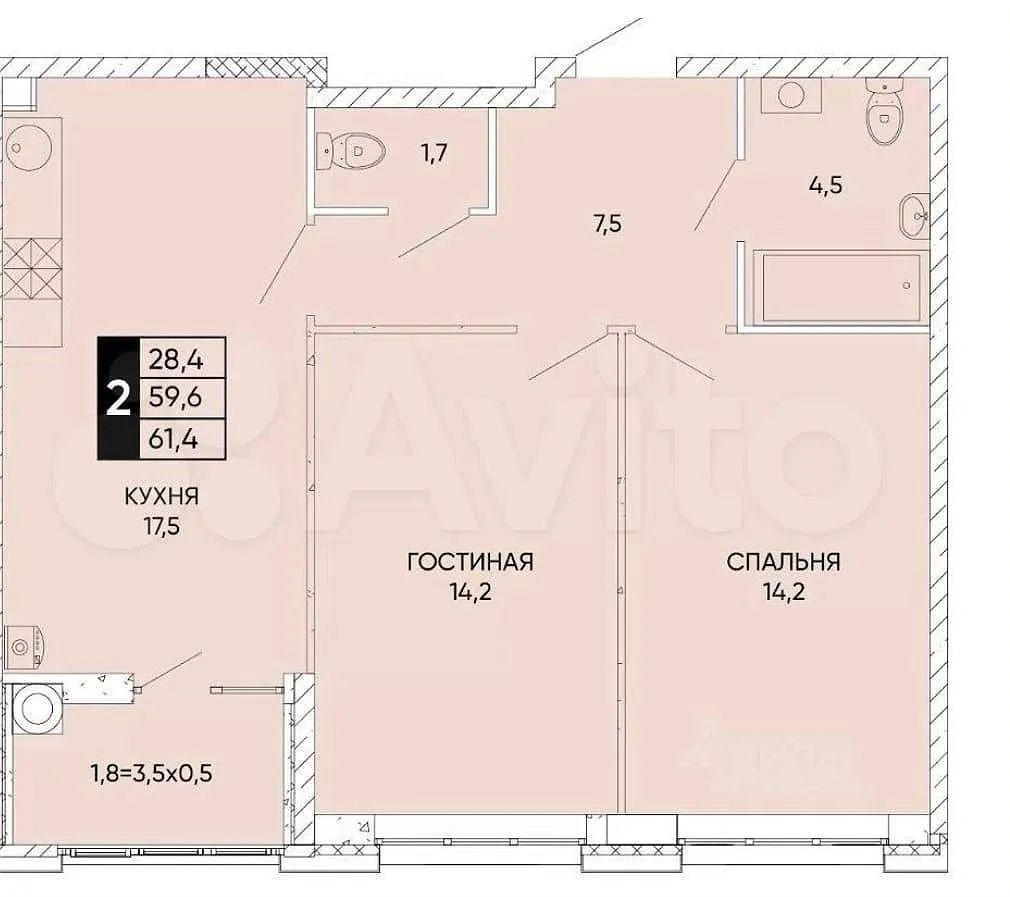 2-комнатная 61.3 м2 в ЖК undefined корпус null этаж 2