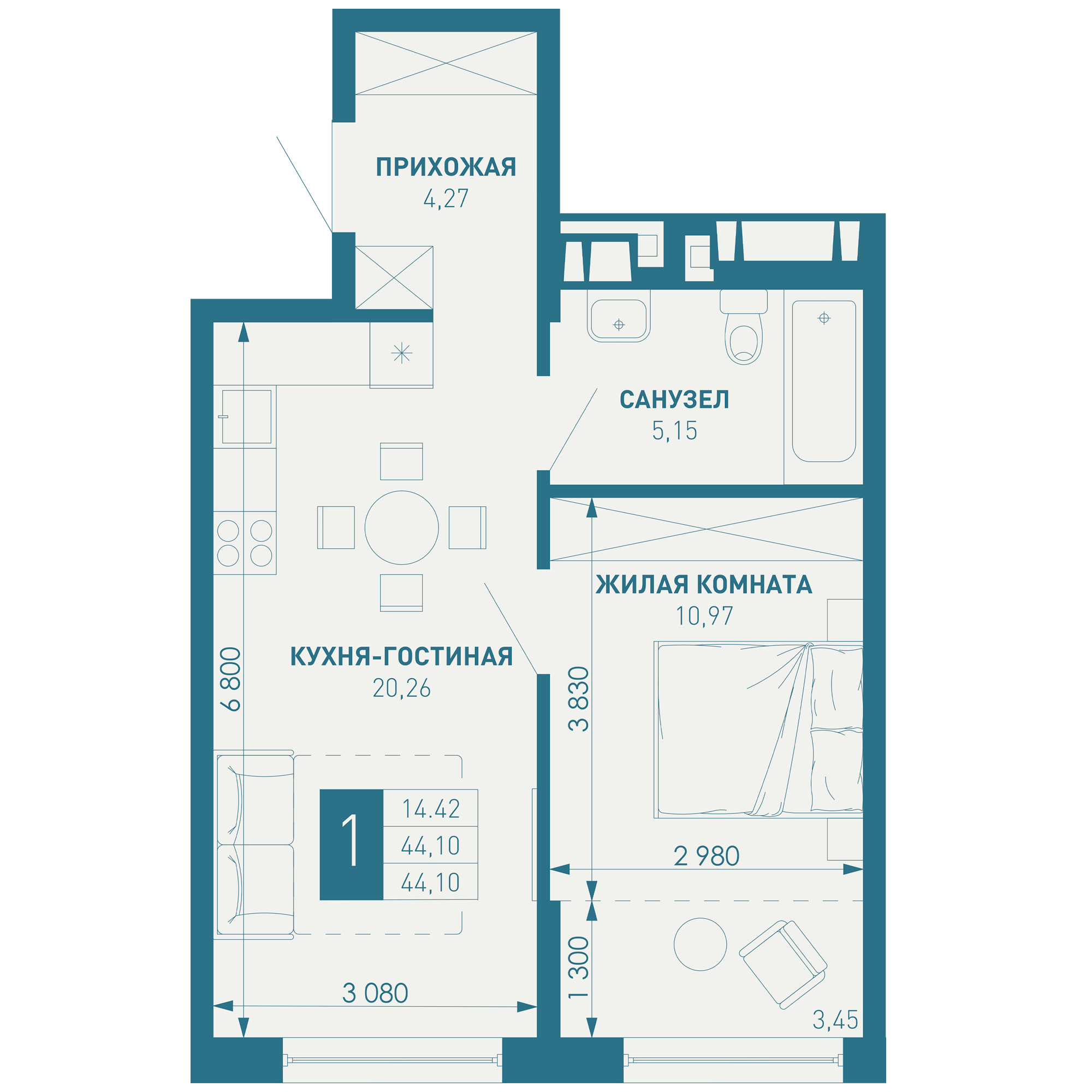 1-комнатная 46 м2 в ЖК ИНАЧЕ в Молодежном корпус null этаж 7