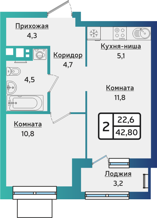 2-комнатная 42 м2 в ЖК ARTNOVA корпус null этаж 11