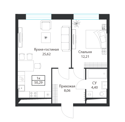1-комнатная 50 м2 в ЖК ДИУС корпус null этаж 20