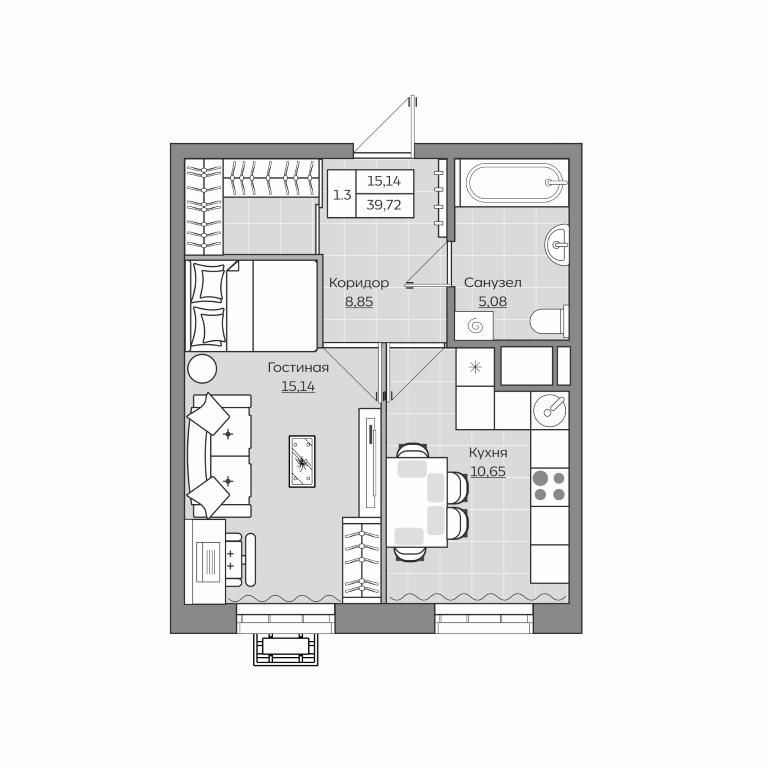 1-комнатная 39 м2 в ЖК Отражение корпус null этаж 12