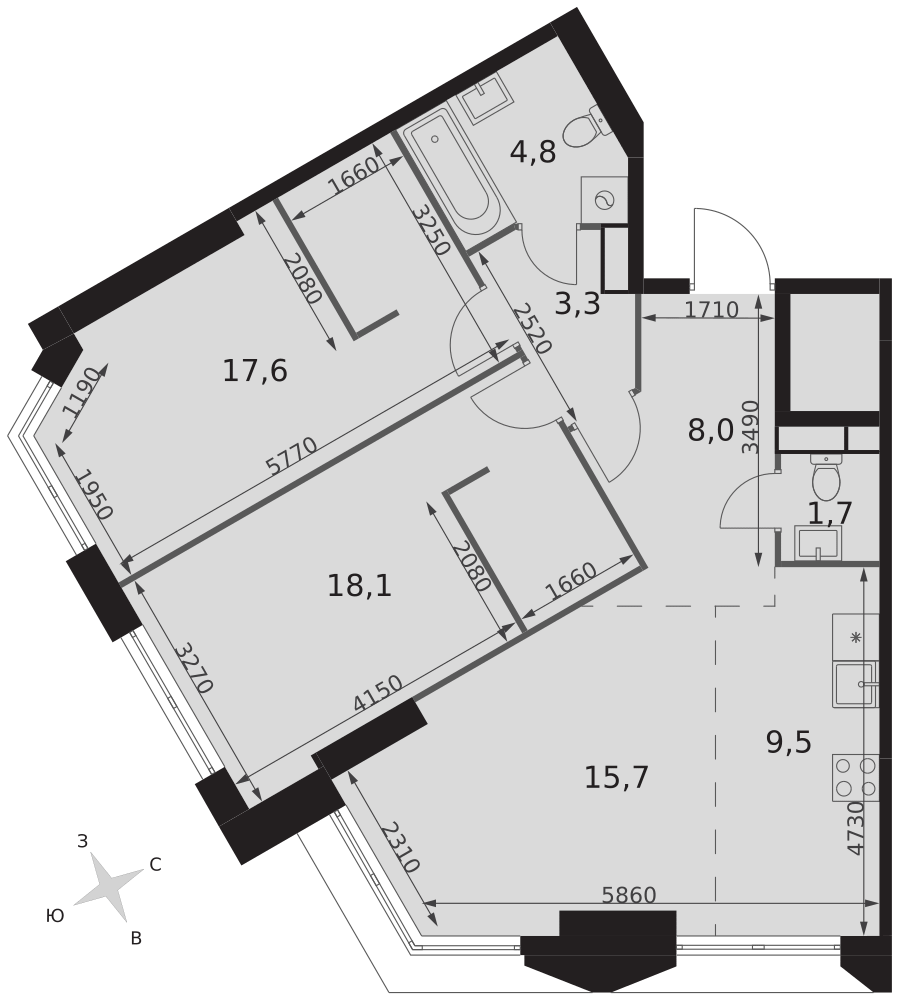 3-комнатная 78 м2 в ЖК Архитектор корпус null этаж 45