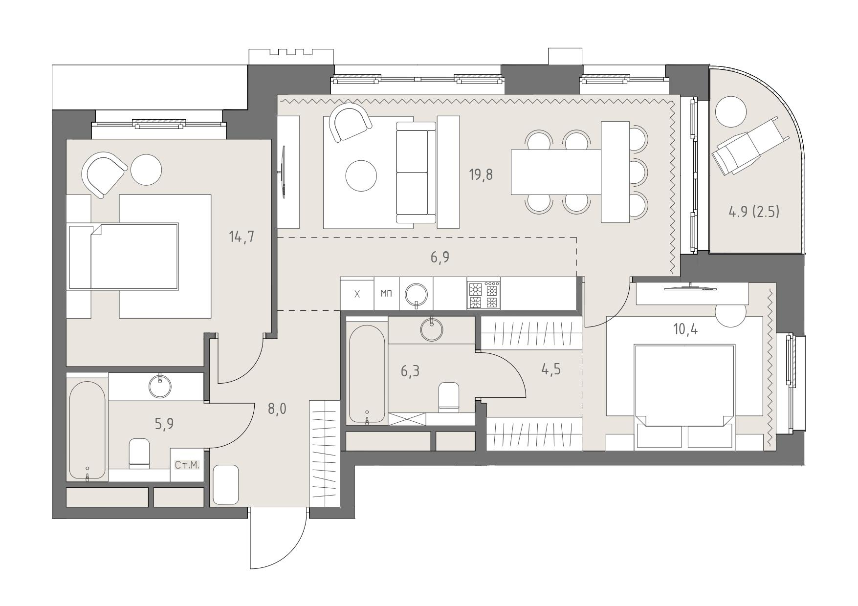 3-комнатная 79 м2 в ЖК Родина парк корпус null этаж 12