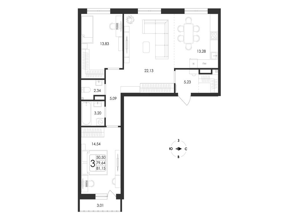 3-комнатная 81 м2 в ЖК Май корпус null этаж 15