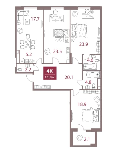 4-комнатная 123 м2 в ЖК undefined корпус null этаж 7