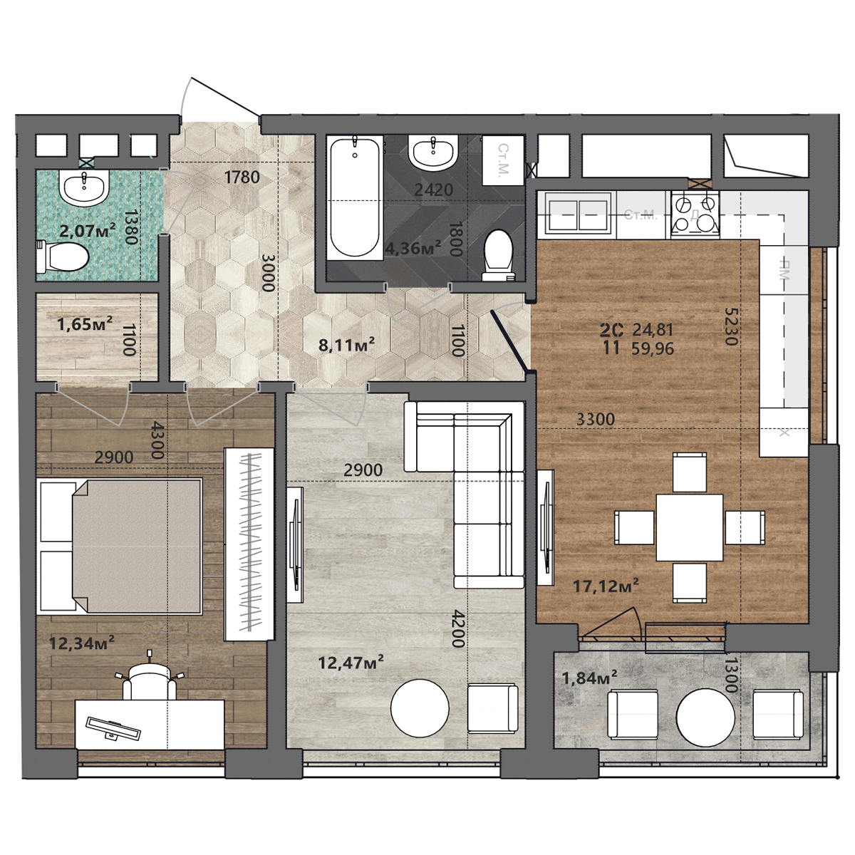 2-комнатная 59 м2 в ЖК Счастье-2 корпус null этаж 19