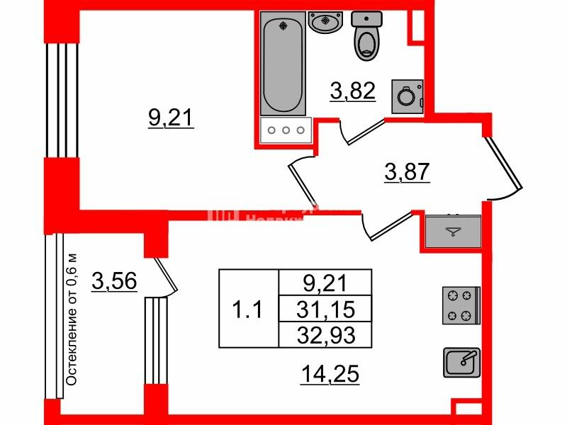 1-комнатная 31 м2 в ЖК Сэтл Лофт корпус null этаж 7