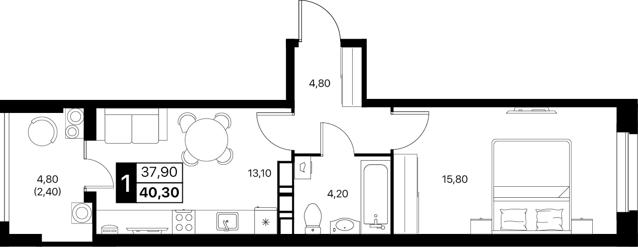 1-комнатная 40 м2 в ЖК Эстет корпус null этаж 12