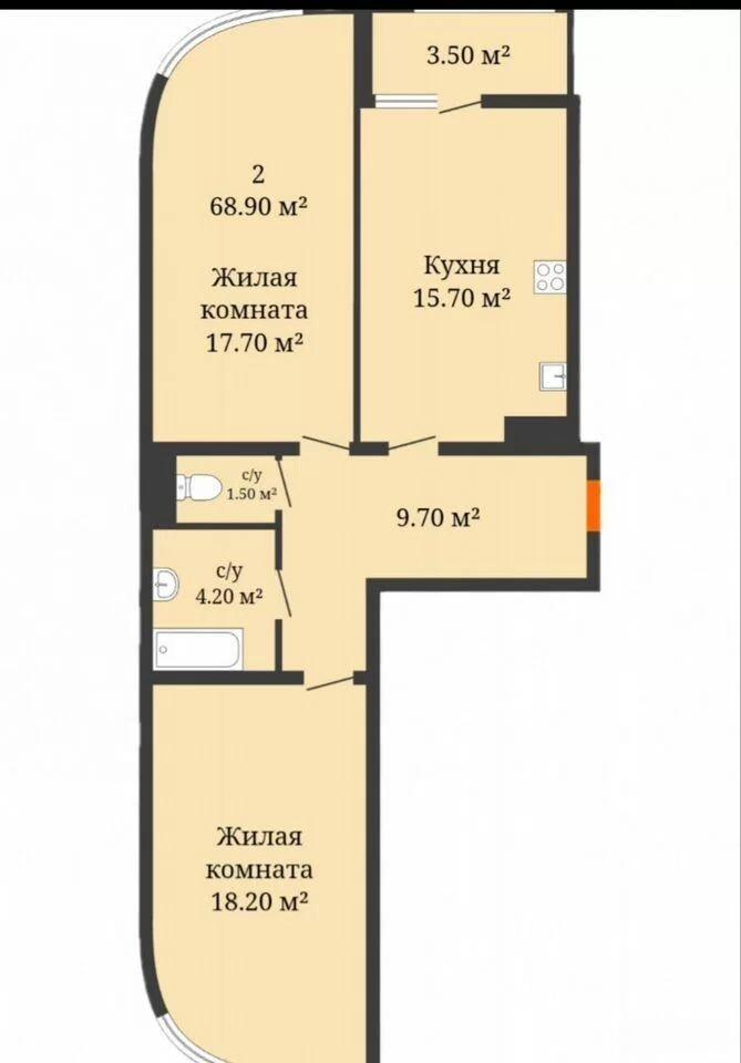 2-комнатная 70 м2 в ЖК undefined корпус null этаж 2
