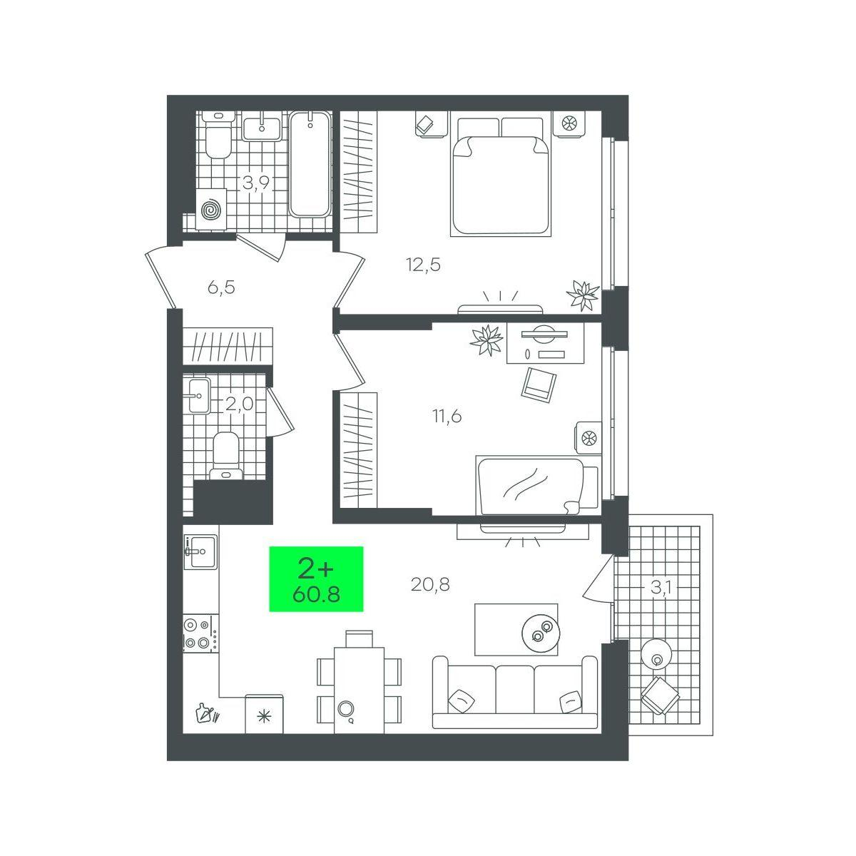 2-комнатная 60 м2 в ЖК Сезоны корпус null этаж 10