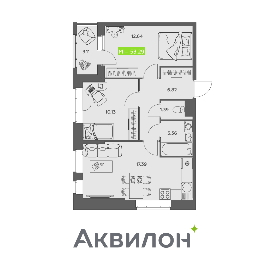 Студия 53 м2 в ЖК Аквилон АКВАРТАЛ корпус null этаж 14