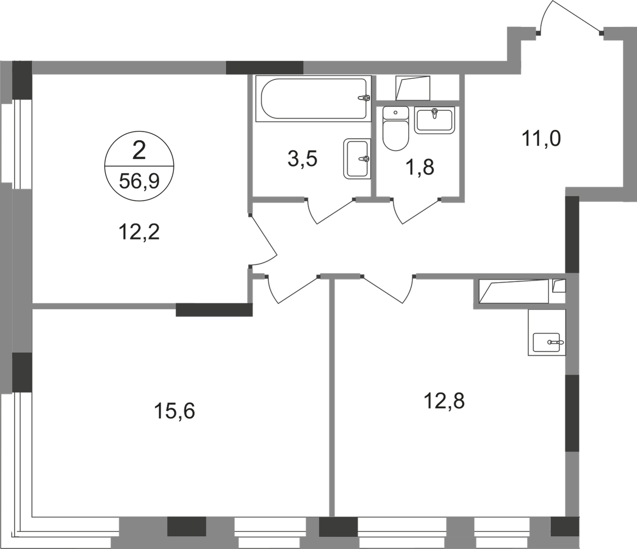 2-комнатная 56 м2 в ЖК Первый Московский корпус null этаж 9