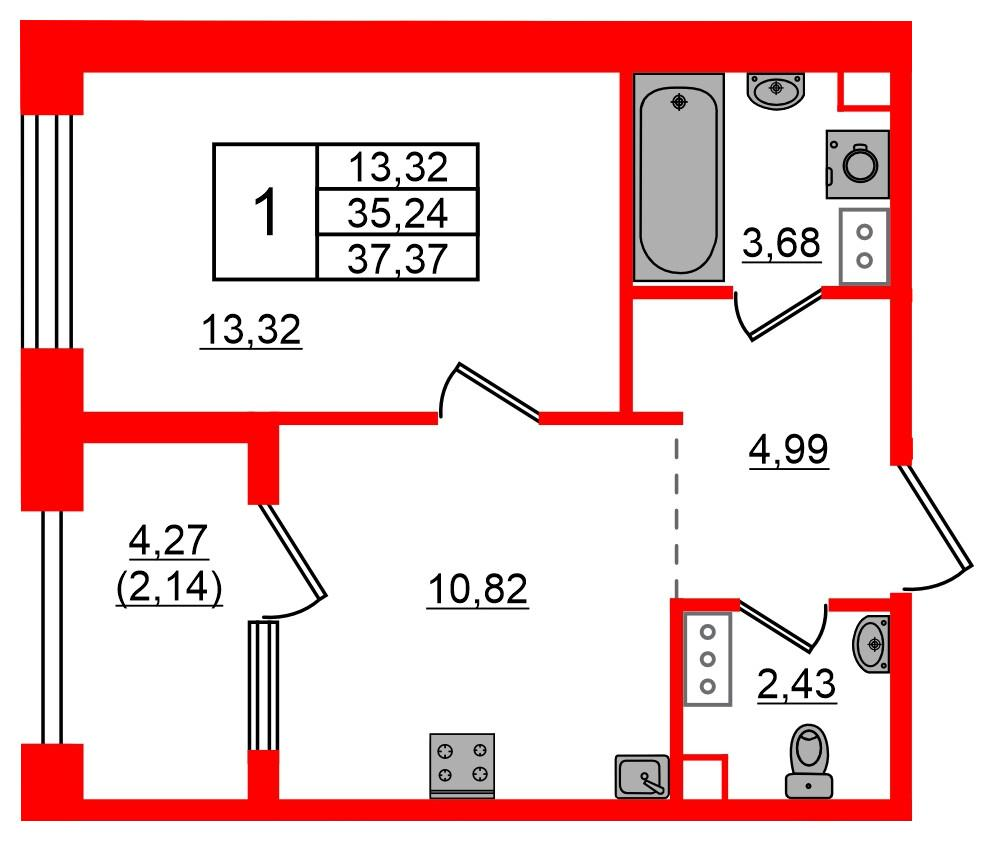 1-комнатная 37 м2 в ЖК Знатный корпус null этаж 7