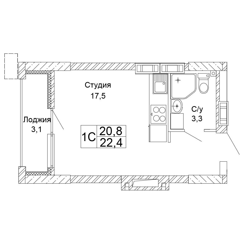1-комнатная 22 м2 в ЖК Колизей корпус null этаж 9