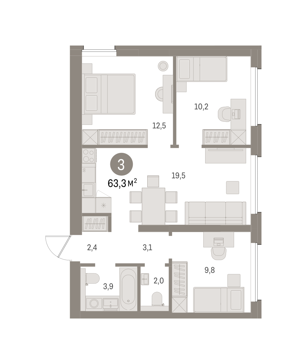3-комнатная 63 м2 в ЖК Северный ветер корпус null этаж 4