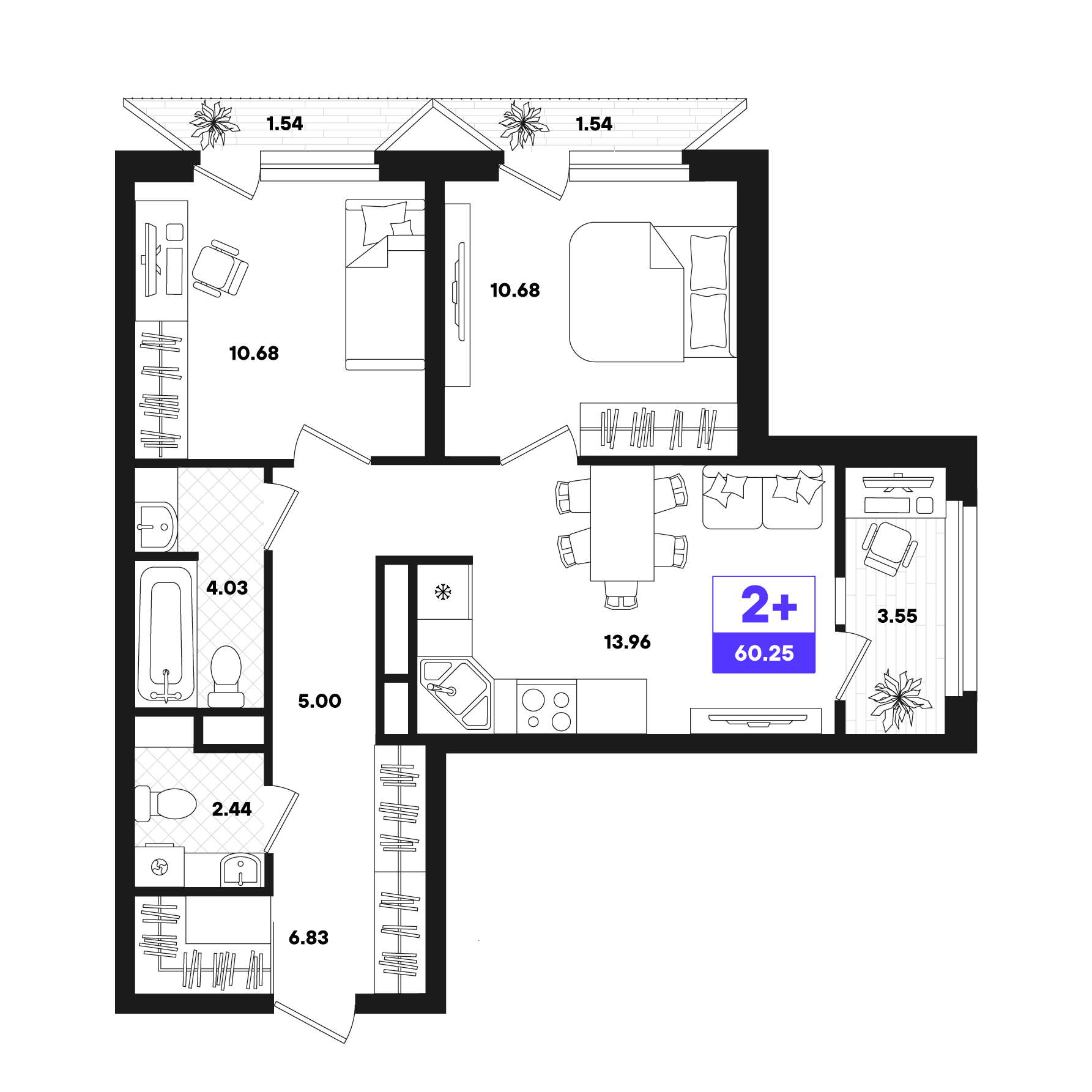 2-комнатная 60 м2 в ЖК Отличие корпус null этаж 4