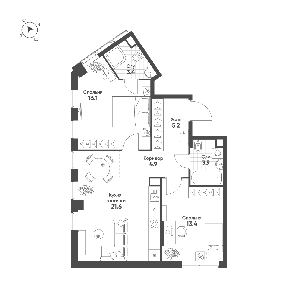 2-комнатная 68 м2 в ЖК Sokolinn Park корпус null этаж 10