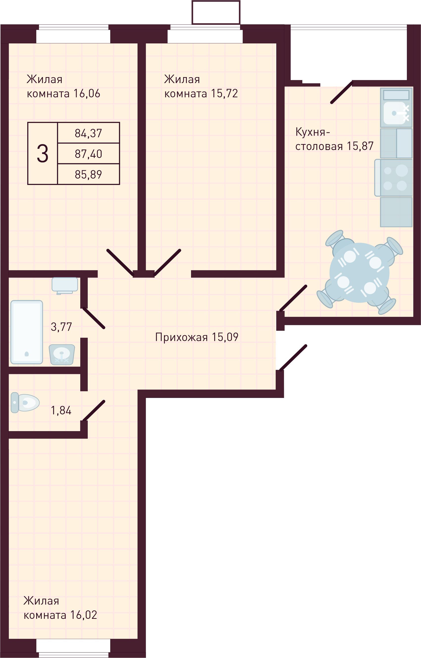 3-комнатная 85 м2 в ЖК Бетховен корпус null этаж 14