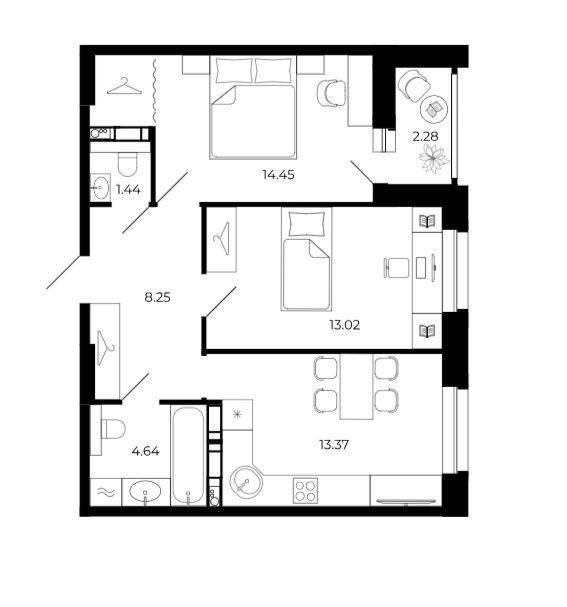 2-комнатная 54.8 м2 в ЖК undefined корпус null этаж 14