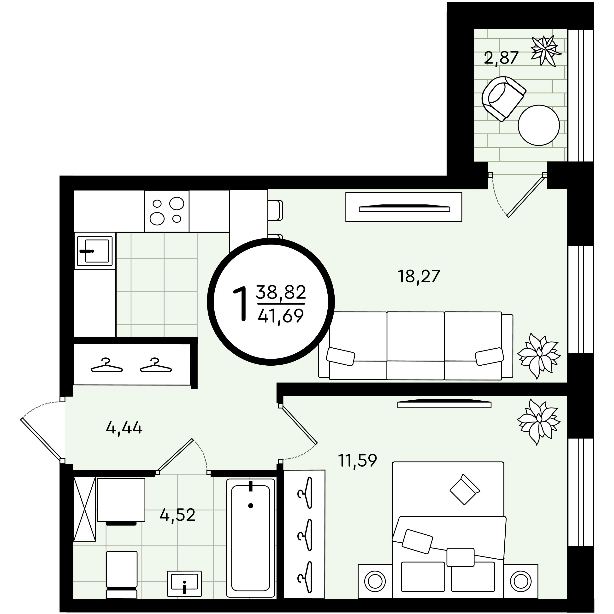 1-комнатная 41 м2 в ЖК Зеленые Аллеи корпус null этаж 1