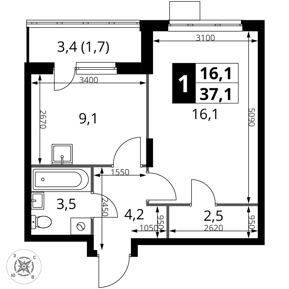 1-комнатная 37 м2 в ЖК 1-й Донской корпус null этаж 5