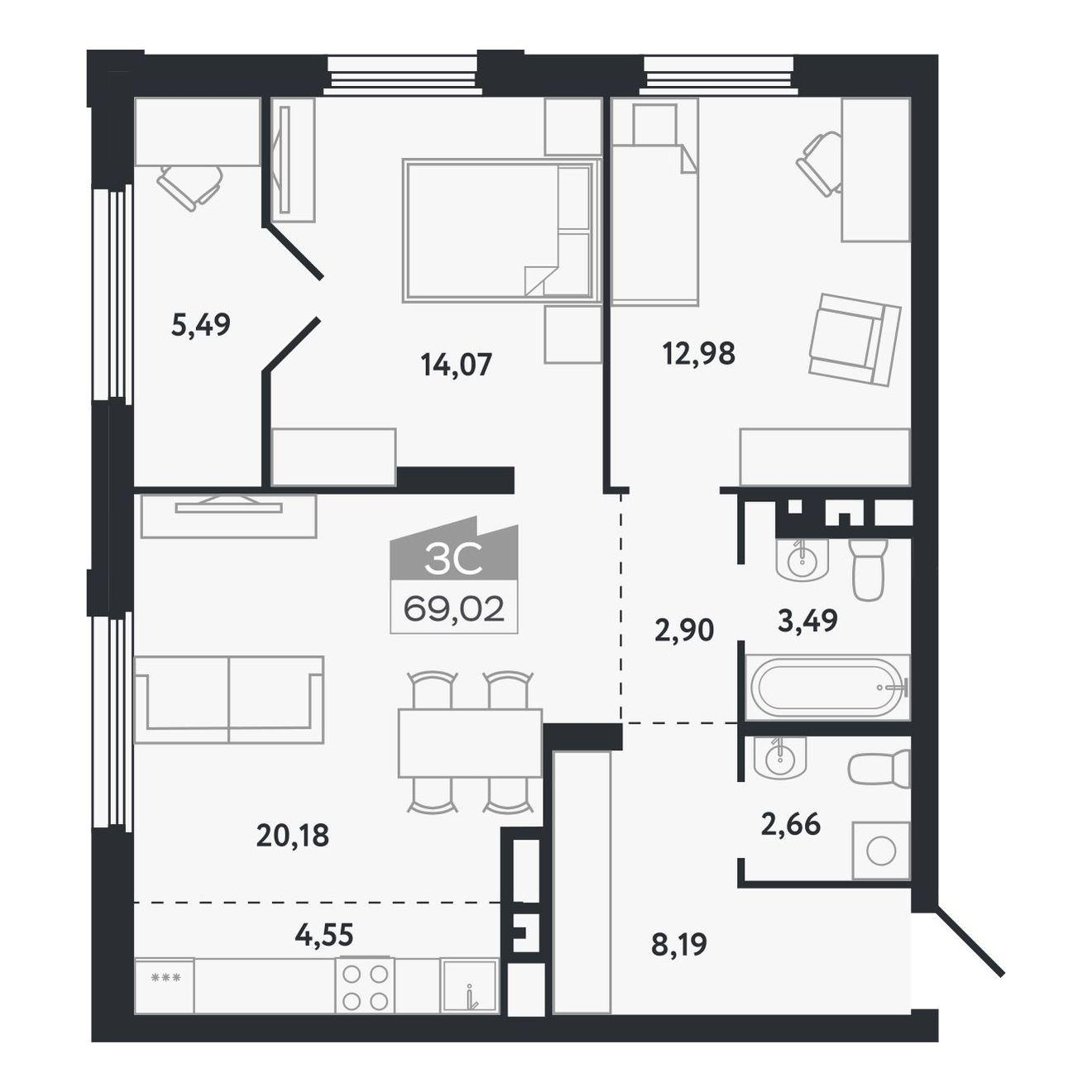 3-комнатная 69 м2 в ЖК Квартал 1604 корпус null этаж 17