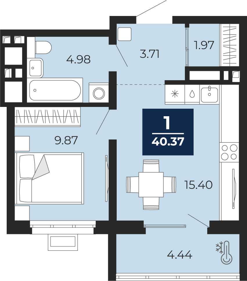 1-комнатная 35 м2 в ЖК Беринг корпус null этаж 18