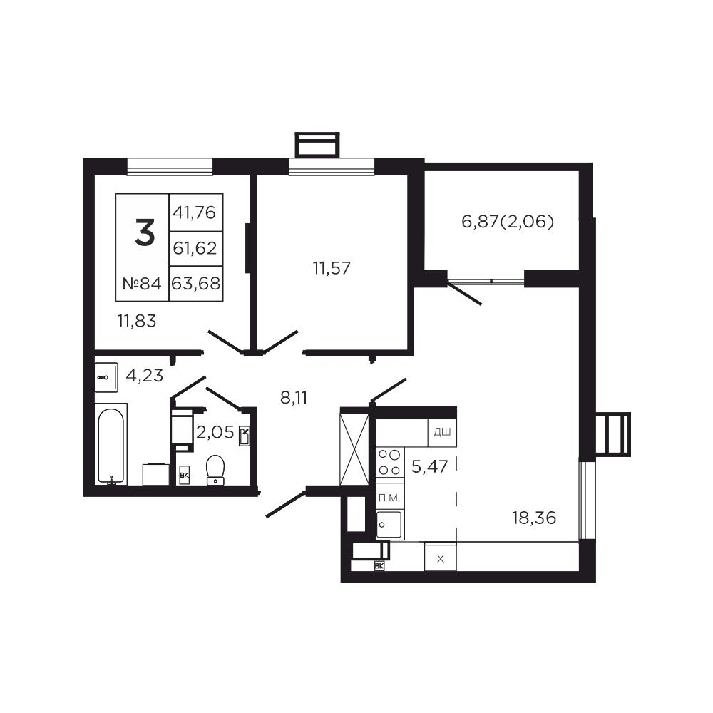 3-комнатная 68 м2 в ЖК Соседи корпус null этаж 9